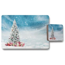 Beautiful Decorated Snowed In Christmas Tree (placemat & Coaster Set)